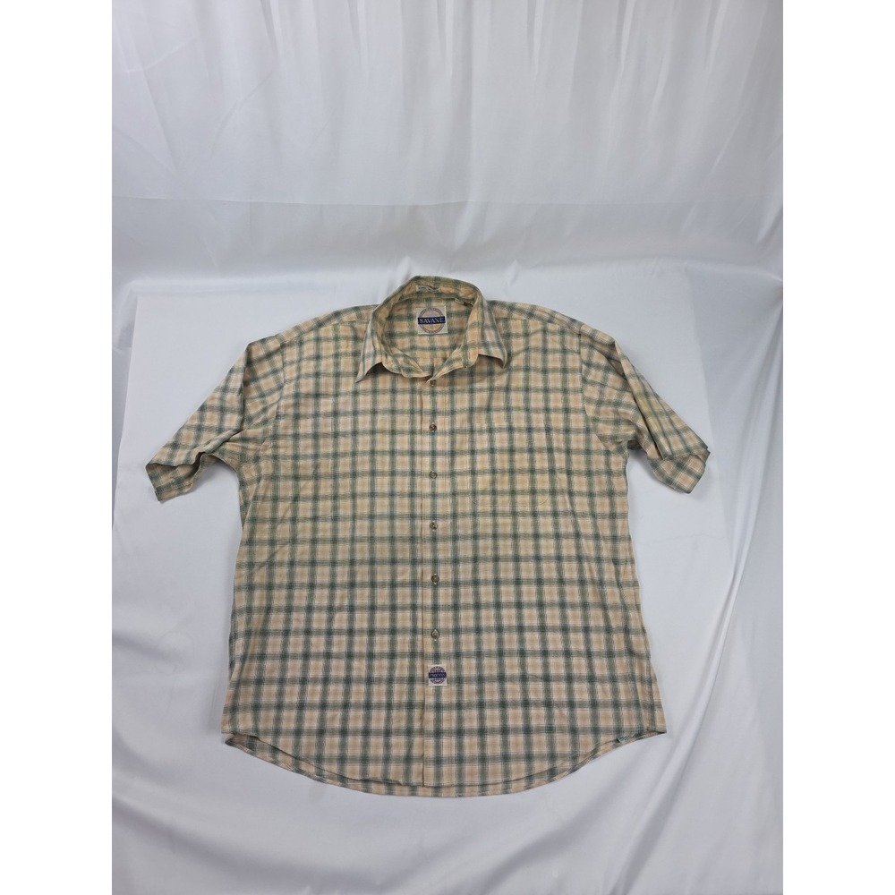Savane Button Down Shirt Mens XL Green Plaid Short Sleeve 100% Cotton Y2K Dad